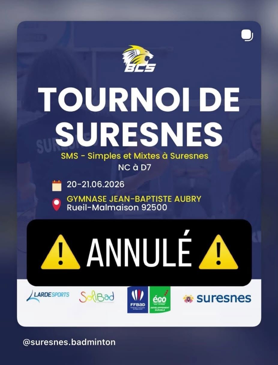 [ANNULÉ] 3e Tournoi SMS - Simples et Mixte à Suresnes - Ecobad